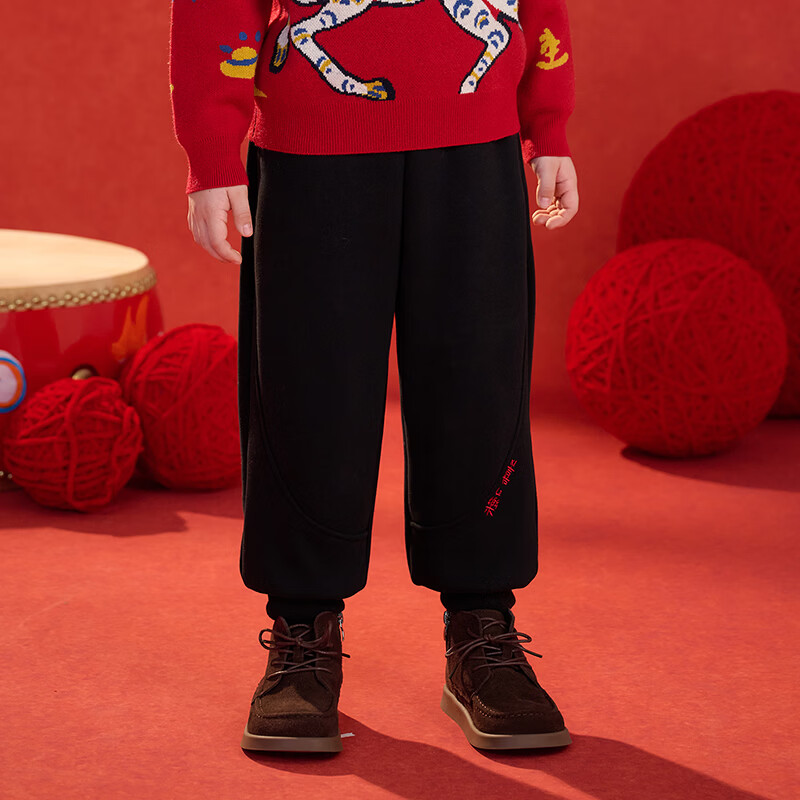 棉花堂（cottontown）【新年】棉花堂男童加绒裤子2026马年运动裤儿童拜年服加厚长裤女 黑色 90 90/50