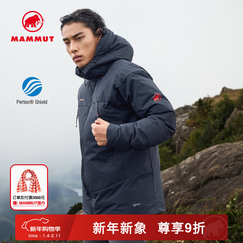 猛犸象（MAMMUT）Clion 【紅標】男女款運動戶外防風防潑水透汽保暖連帽鵝絨羽絨服 黑色【紅標】 2XL