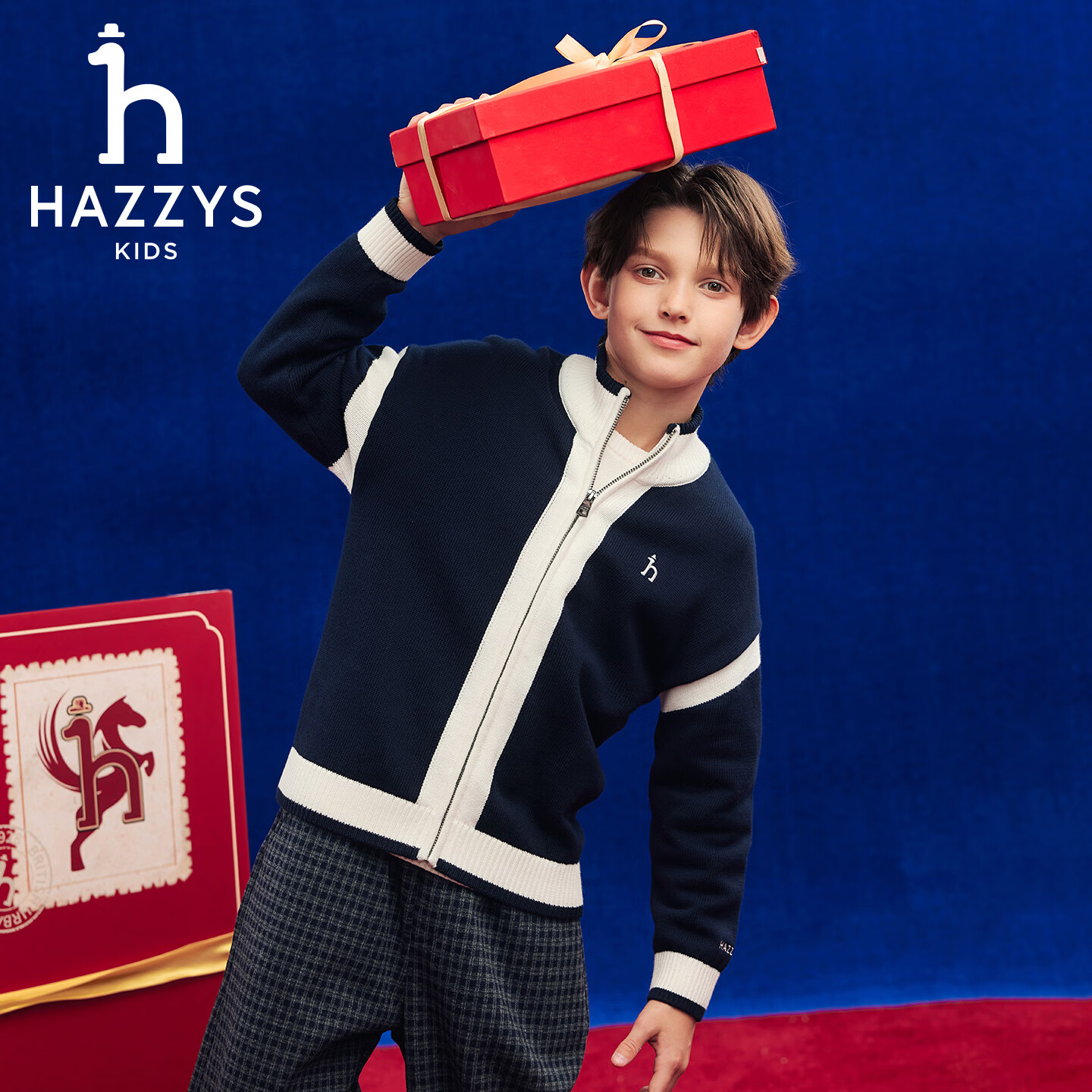 哈吉斯(HAZZYS)童装男女童毛衣2026春新年喜庆开衫针织上衣 藏蓝 165
