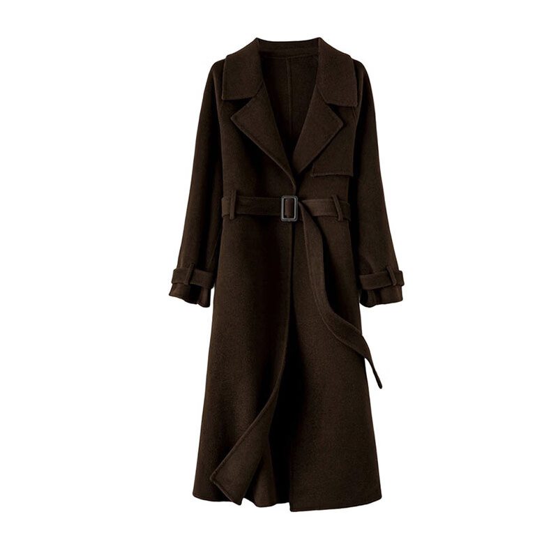 晚白【断码清仓】气质设计感廓形翻驳领显瘦双面呢长款羊毛大衣外套女 咖啡色 L