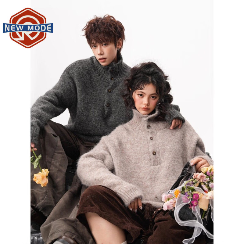 NEW OR MODE老钱风复古纽扣高领毛衣男冬季新款保暖宽松松弛感情侣羊毛针织衫 燕麦色 M 【建议90-110斤】