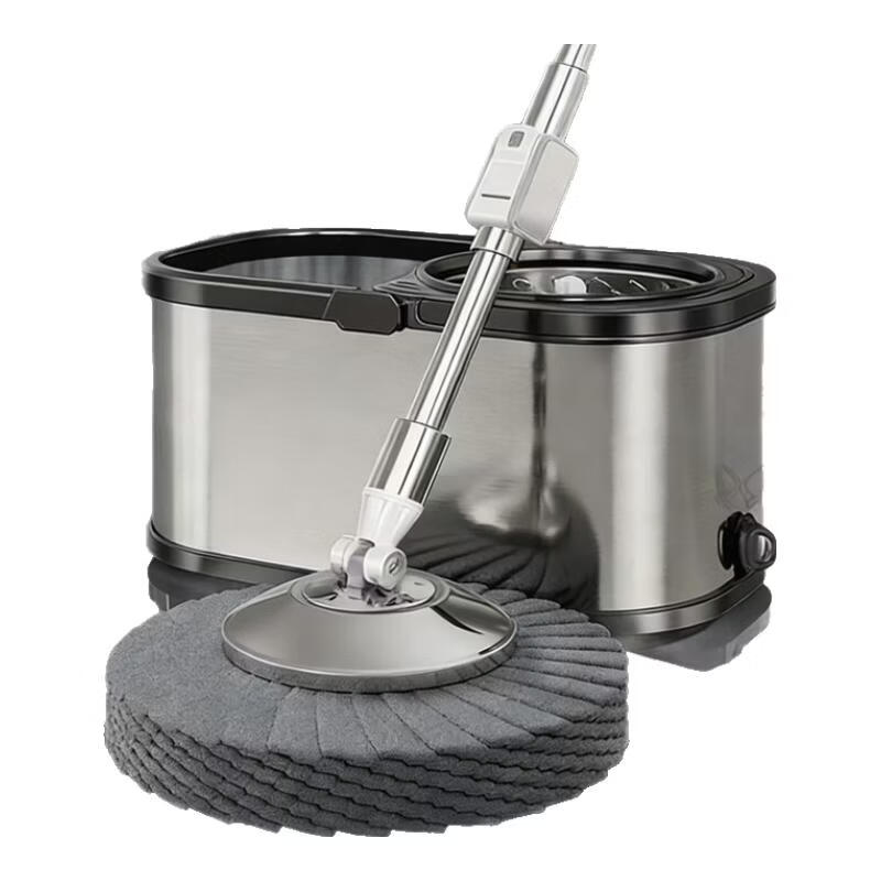 太太乐大号不锈钢旋转拖把桶免手洗甩干脱水双驱动好神拖墩布甩水拖地 金刚侠不锈钢旋转拖把【不锈钢杆+5个布头】
