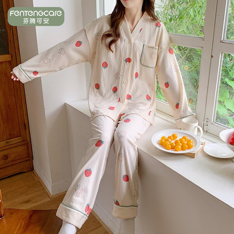 芬腾可安（FENTENGCARE）【W】秋季睡衣女带胸垫长袖开衫卡通可爱家居服防凸点套装冬 46032【带胸垫套装】 L【95-115斤】