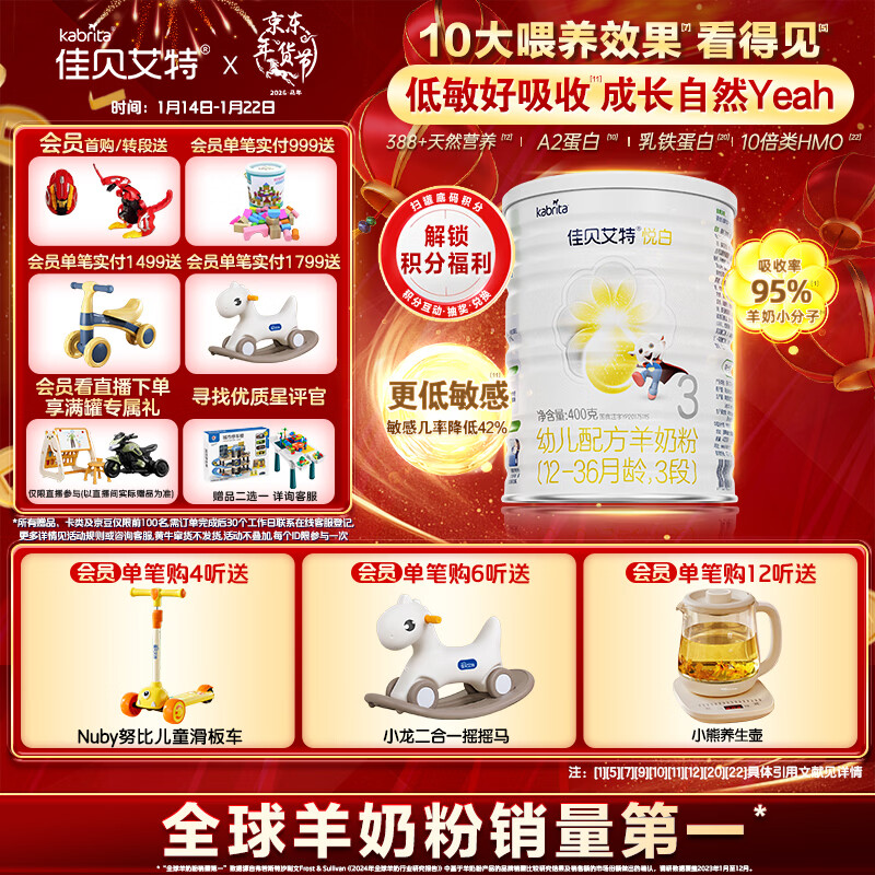 佳贝艾特（Kabrita）悦白婴幼儿配方羊奶粉 3段(1-3岁)400克 天然A2蛋白