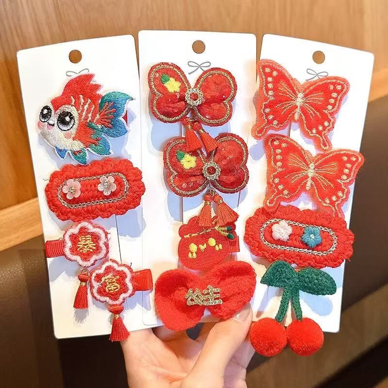 【精选直发】儿童发夹2025年新款女童新年针织发卡中国风红色小女 03#蝴蝶樱桃