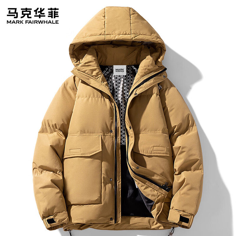 马克华菲(MARK FAIRWHALE)港式复古休闲连帽羽绒服男士2026年春季新款宽松舒适保暖潮牌上衣 浅棕色 【官方正品】 M 【建议100-130斤】