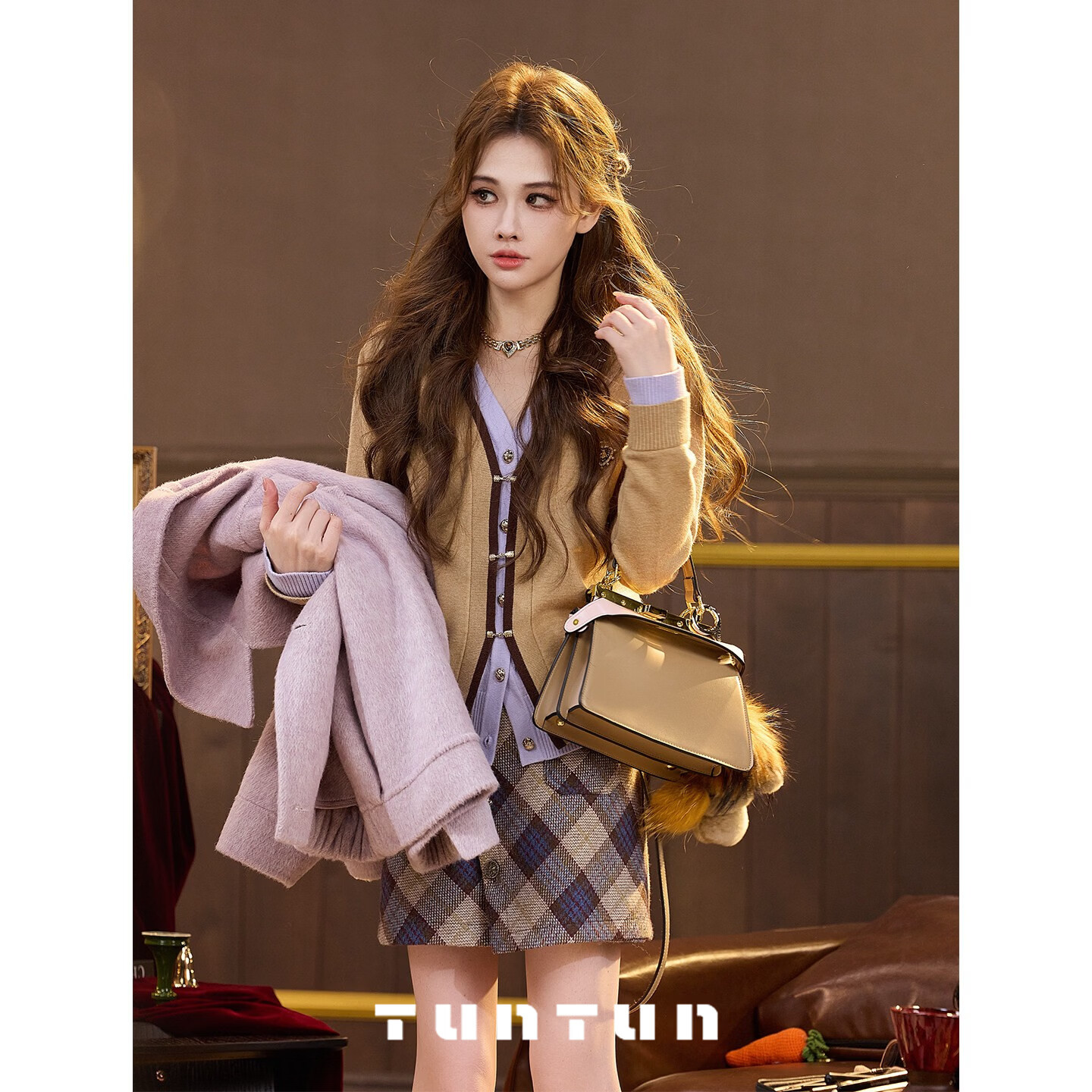 TUNTUN吞吞秋冬【色块日记】毛衣女针织衫内搭外穿设计打底v领针织开衫 香芋卡其上衣现货 S 吞吞码