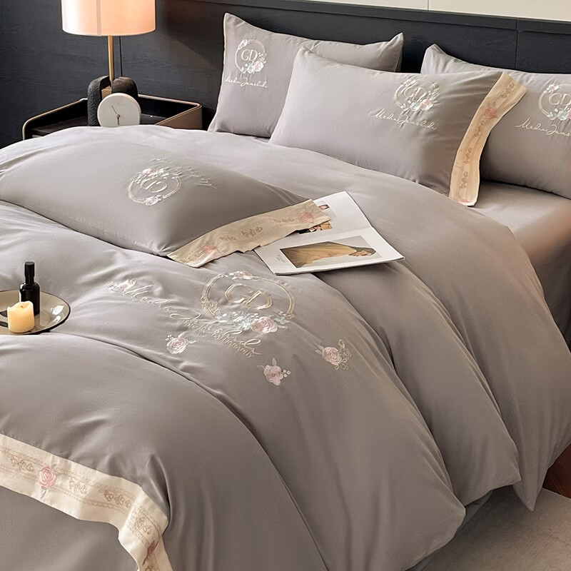 ROLAND LIVE全棉磨毛加厚A类四件套刺绣秋冬季被套床单纯棉床上用品1.8m床 PS 全棉磨毛四件套-斯嘉丽都市灰 标准 床单款 【被套200*230cm】