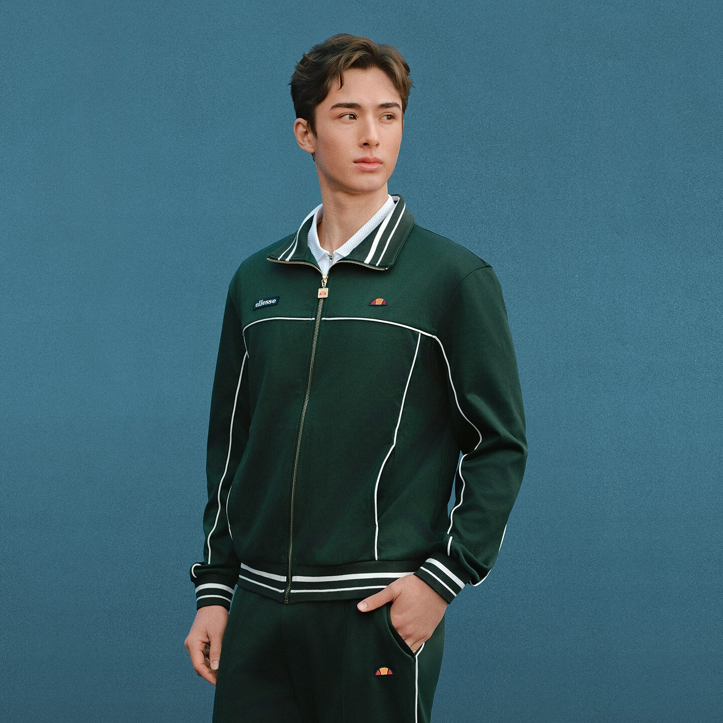 ellesse小贝壳26春季新品网球服老钱风外套复古运动卫裤套装男 深林绿-外套 M