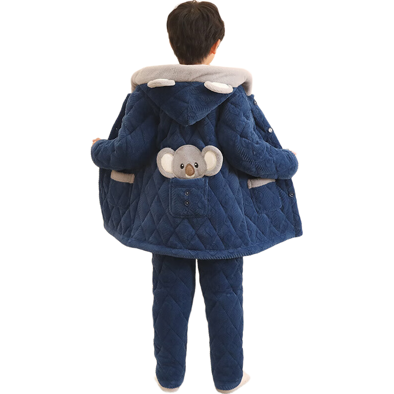 儿童夹棉睡衣加厚新款女童可爱小熊三层男童法兰绒家居服套装加绒 午夜蓝考拉 175 L建议身高（165-175