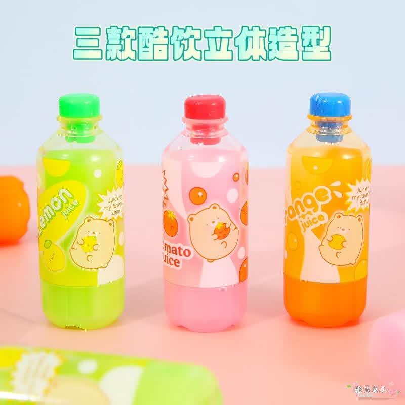 RRLFCS橘子汽水多功能饮料瓶橡皮擦热可擦笔修正带多用小学生文具点点胶初中小学生学习文具新年礼物 团子家族全套3个
