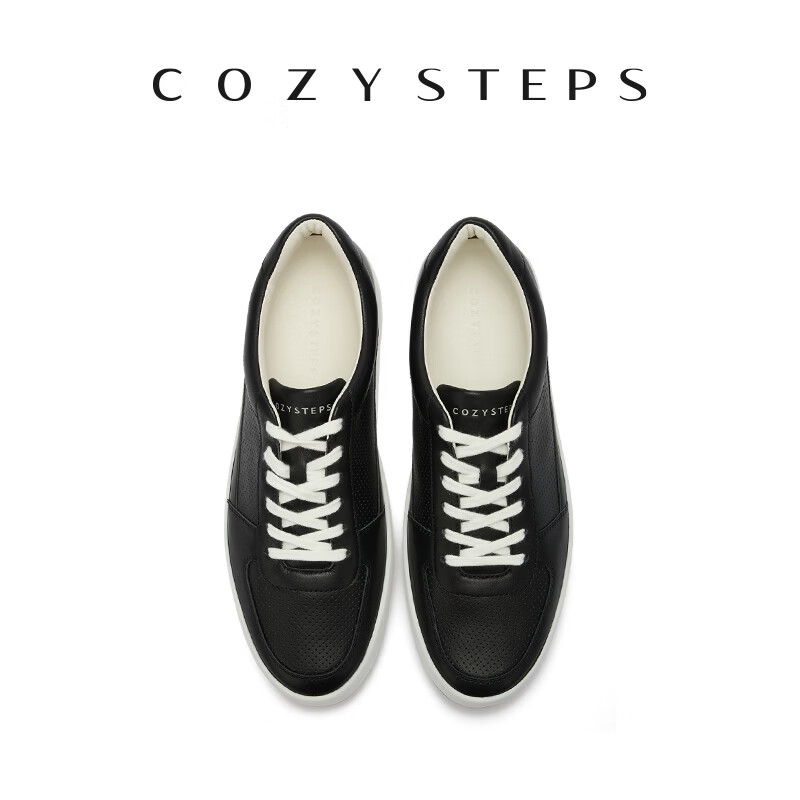 COZY STEPS可至男士26春夏新款头层牛皮冲孔板鞋透气轻盈系带简约休闲鞋 黑色 44