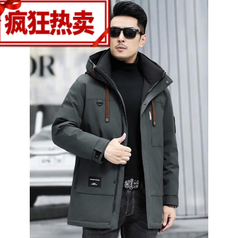 范西奢羽绒服男款2025年新款冬季中青年时尚工装抗寒保暖男士外套男装 灰绿色 L 175(适合体重120-140斤)