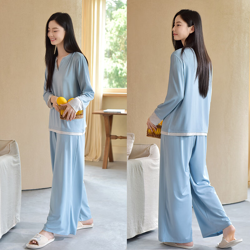 轩靓(XULEN)睡衣女春秋款莫代尔长袖休闲可外穿冰丝凉感轻运动家居服套装 64705雪山蓝 L 建议体重100-120斤