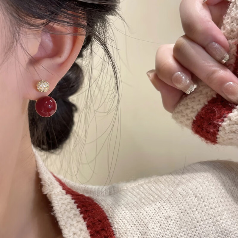 法式微镶锆石豆豆红色珍珠耳环耳钉女银针爆款小众设计气质耳饰 豆豆珍珠-香槟色