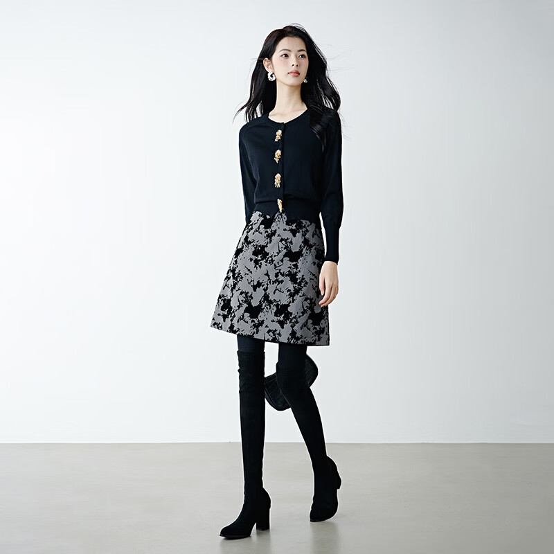 晚白2026春季法式文艺风泼墨植绒挺括修身气质百搭小个子小A短裙 花色 L