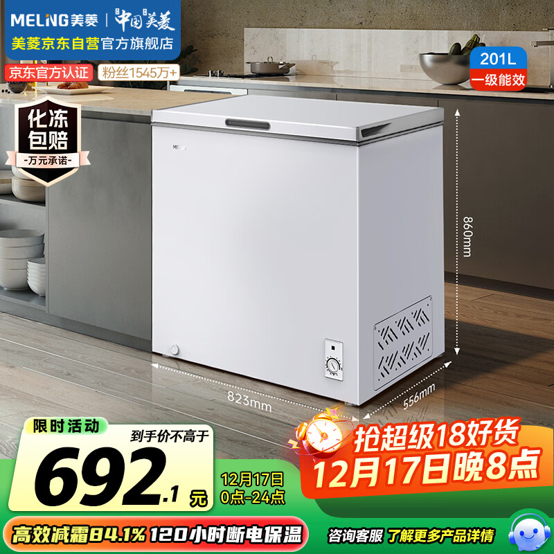 美菱（MeiLing）201升单温家用冰柜减霜直冷定频一级能效-35°深冷机械控温彩钢面板冷柜BC/BD-201DT白国家补贴