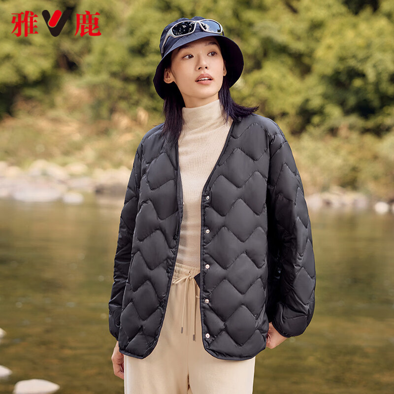 雅鹿轻薄羽绒服女内胆2025新款时尚短款休闲保暖菱形格薄外套 黑色 3250款 M  推荐105斤以内