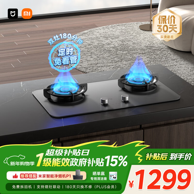 米家小米燃气灶天然气煤气灶P1双边定时家用5.2kW猛火灶具AG玻璃易清洁【搭配净烟机】MJ03CY