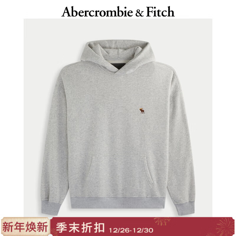 Abercrombie &amp; Fitch小麋鹿图案美式复古保暖抓绒套头连帽卫衣25秋冬男装122-5536 浅灰色 M (180/100A)