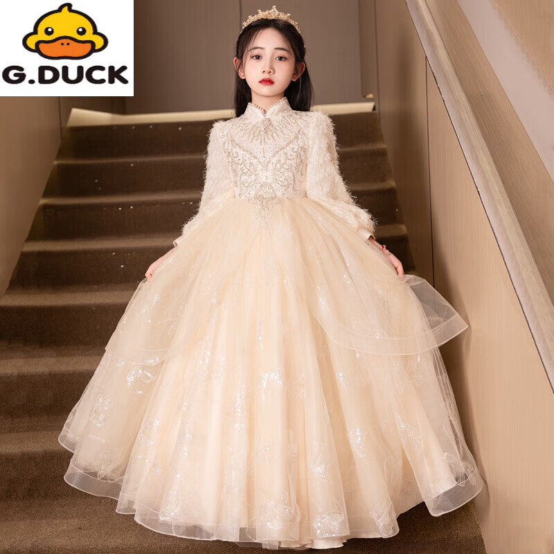 G.duck女童礼服主持人秋冬花童小女孩高端轻奢儿童生日公主裙钢琴出演服 1518长款香槟不加绒 关注送水晶皇冠 160 cm