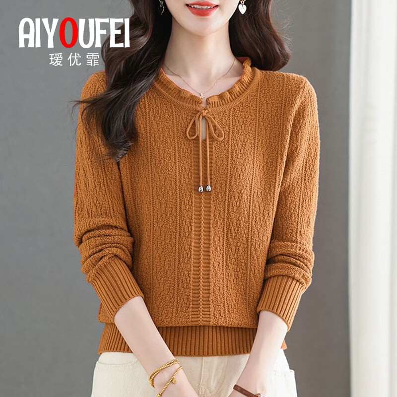 瑷优霏(aiyoufei)设计感圆领针织衫女春秋装新款百搭洋气毛衣女宽松减龄内搭打底衫 橘色 XL 建议115-125斤左右