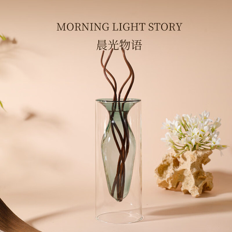 HomeFlower無火香薰瓶子精油簡約藤條小眾感香氛擴香器空瓶墨綠玻璃擺件2025 晨光物語+咖色彎曲藤條不含精油補充液