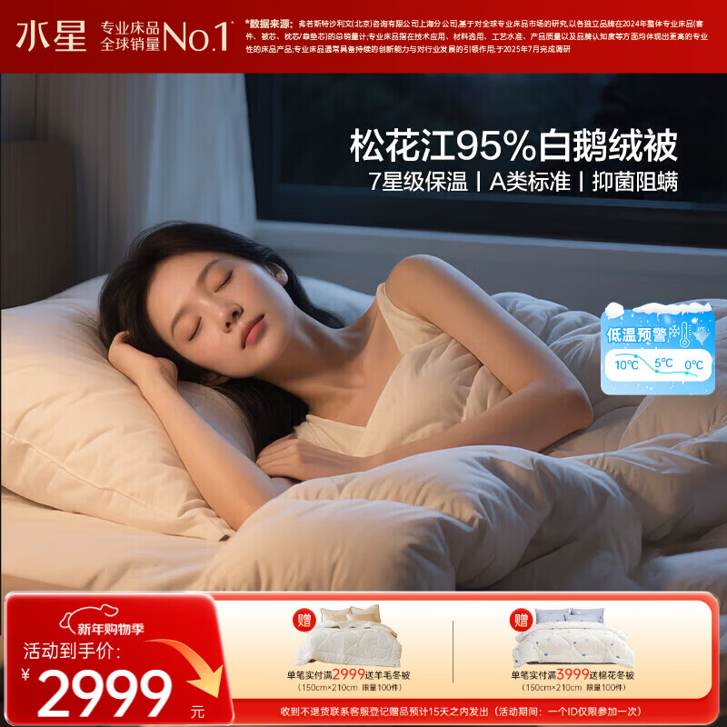 水星家纺羽绒被95%白鹅绒被子冬季加厚冬被芯双人羽绒被220cm×240cm