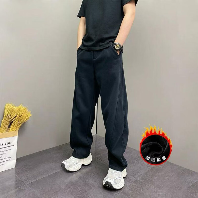 2025新款冬季加绒简约百搭弯刀休闲裤男士宽松显瘦直筒运动裤CLQ 黑色加绒 2XL （150-170斤）