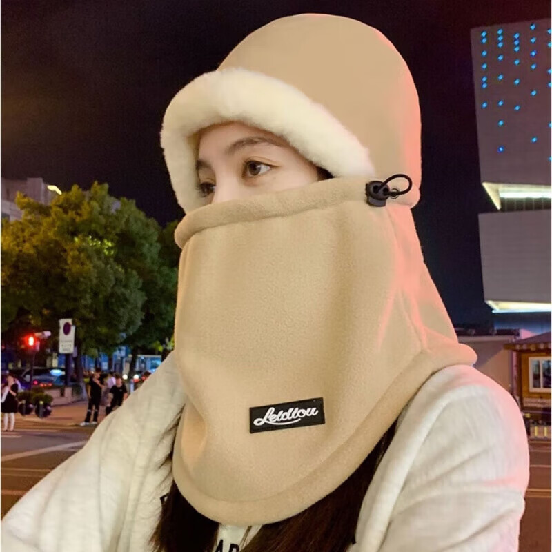 |保暖头套帽子围巾一体帽男冬季加厚滑雪骑电动车面罩防风套头帽 卡其色 均码