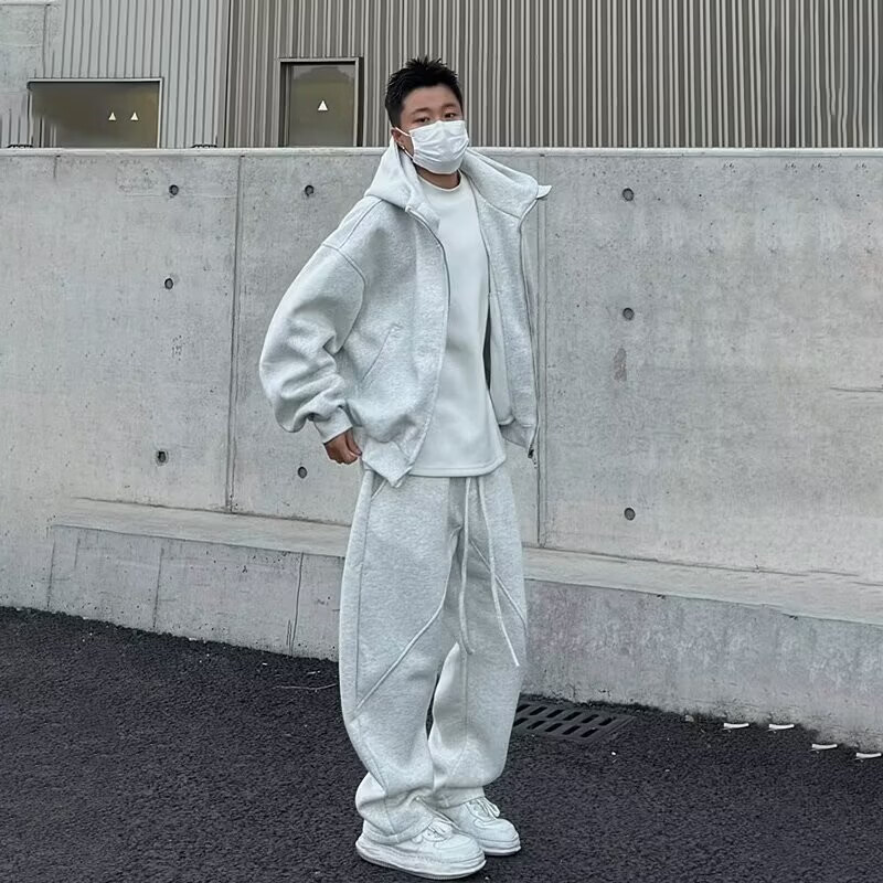 潮衫酷秋冬季重磅潮流连帽卫衣套装男美式休闲宽松大码帽衫直筒裤两件套 灰色套装【卫衣+长裤】 M 建议85-100斤