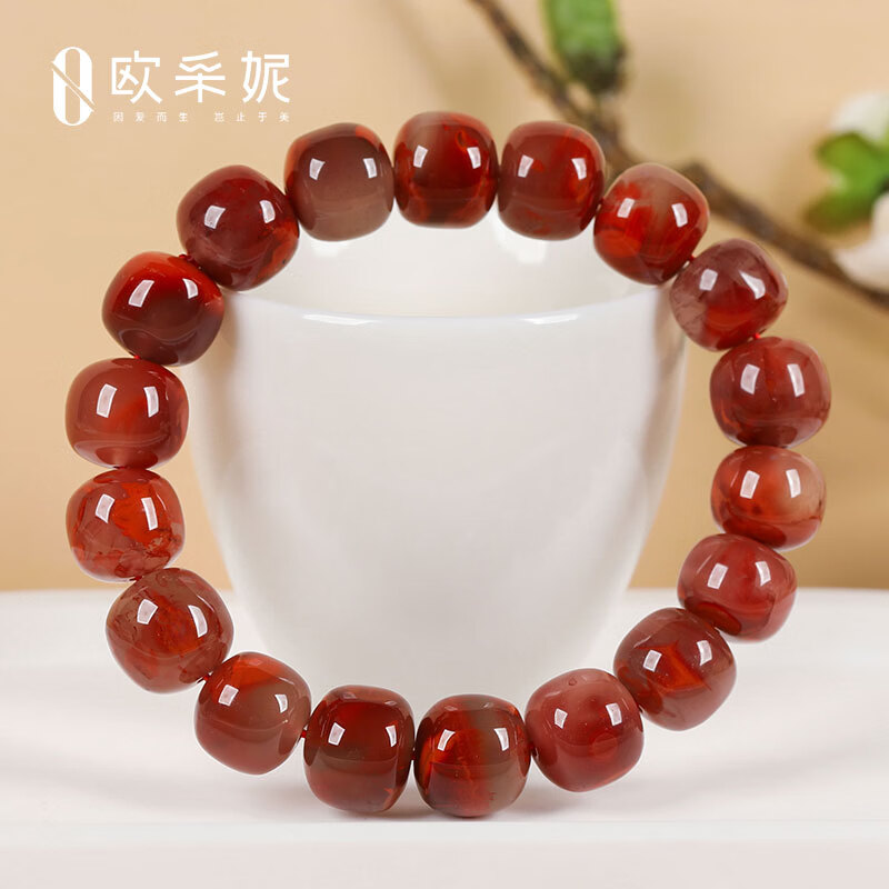 欧采妮(OUCERNY)南红手串收藏级天然凉山妖花牛血红火焰纹玛瑙大桶珠手链本命年 天然南红 一物一证 京东折扣/优惠券