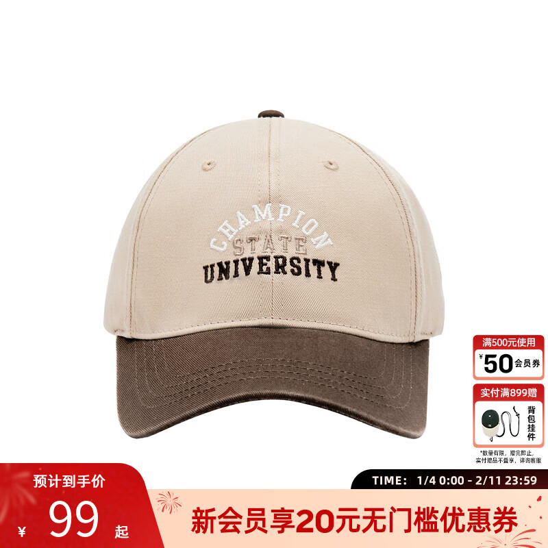 Champion冠军棒球帽 校队鸭舌帽夏季美式弯檐遮阳帽男 户外运动休闲风 卡其色 均码