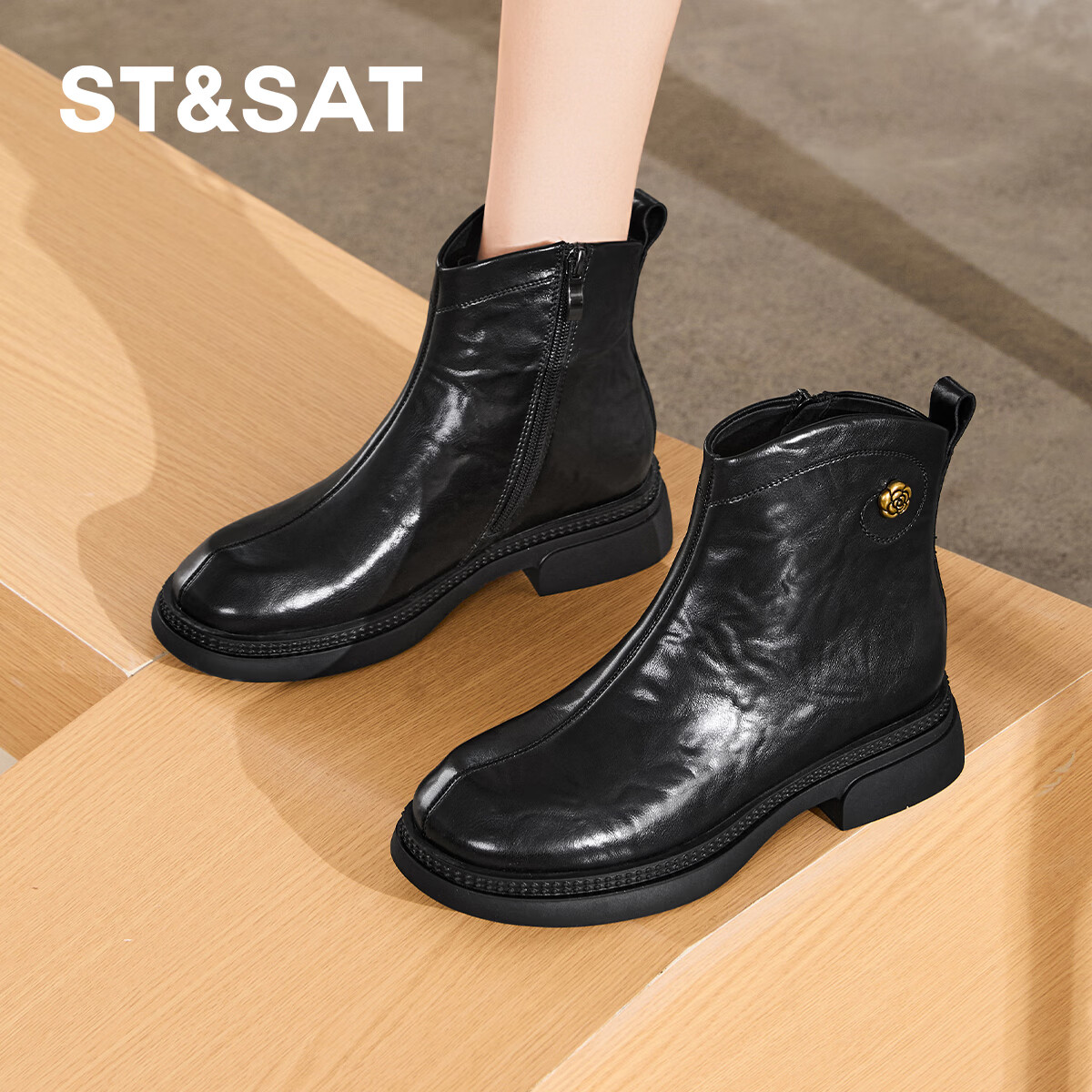 星期六厚底马丁靴女款2025新款秋季瘦瘦裸靴爆款英伦风切尔西短靴 黑色 35