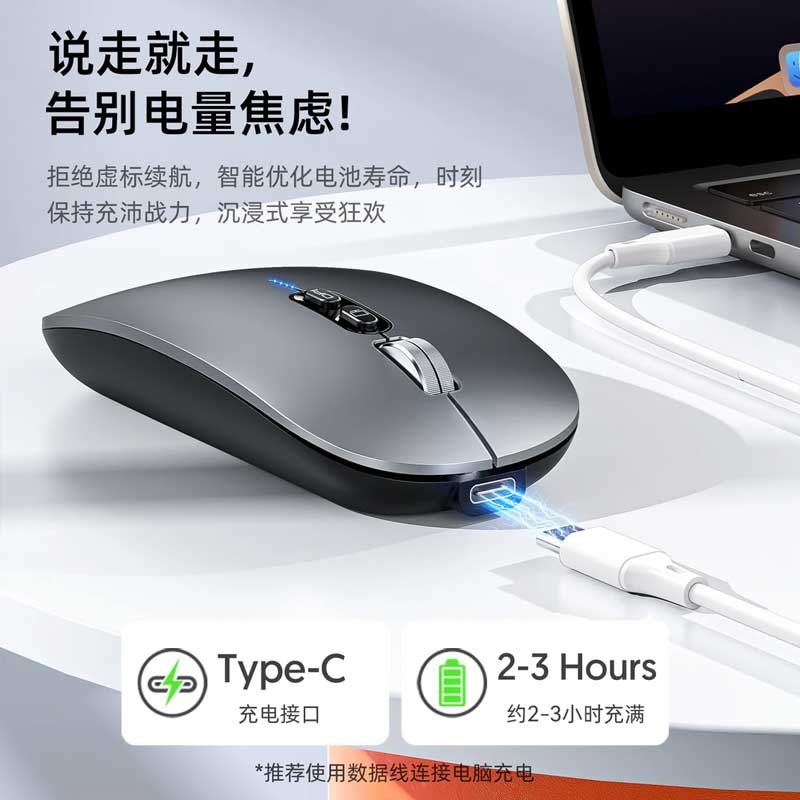 适用2025款苹果电脑笔记本MacBook Pro/Air M5M4M3M2无线蓝牙鼠标type-c接口办公静音充电iPad平板 【太空灰】蓝牙+USB+Typec接口