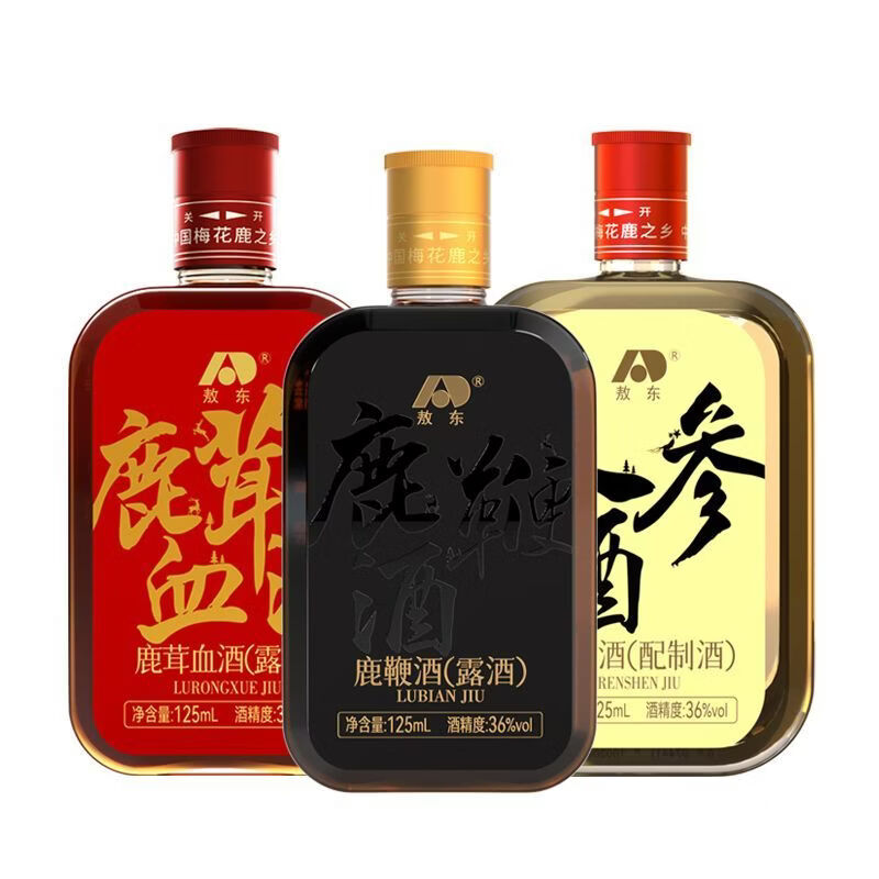 敖東梅花鹿鹿茸血酒鹿鞭酒人參酒大補酒125m*3瓶男士滋補養(yǎng)生 三合一 1片*1罐 鹿茸血酒+鹿鞭酒+人參酒（125ml*3）