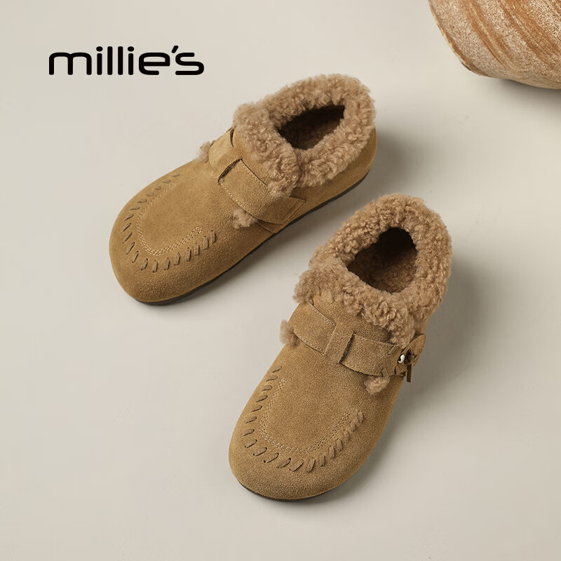 妙丽（Millies）勃肯鞋女低跟加绒时尚舒适休闲2025冬季新款百搭防寒保暖雪地靴 驼色 37 (235mm) 标准码