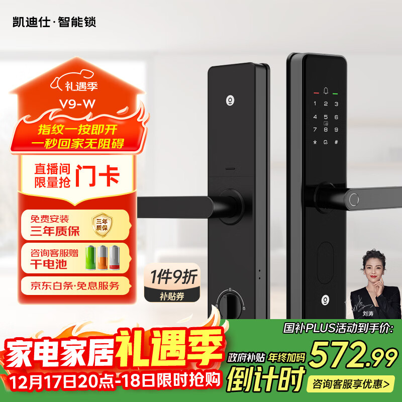 凯迪仕(KAADAS)智能门锁 指纹识别 防盗门锁密码锁 入户门电子智能锁 V9-W