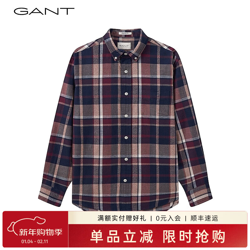 GANT【亚洲版型】甘特春季新款法兰绒格纹翻领舒适百搭复古男衬衫 604丰泽红色 M