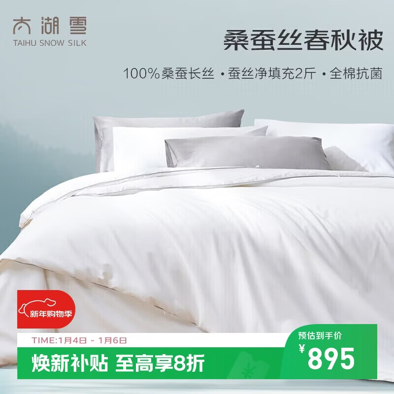 太湖雪 双人蚕丝春秋被100%桑蚕丝 全棉面料双人被重约4.6斤2.2*2.4m白
