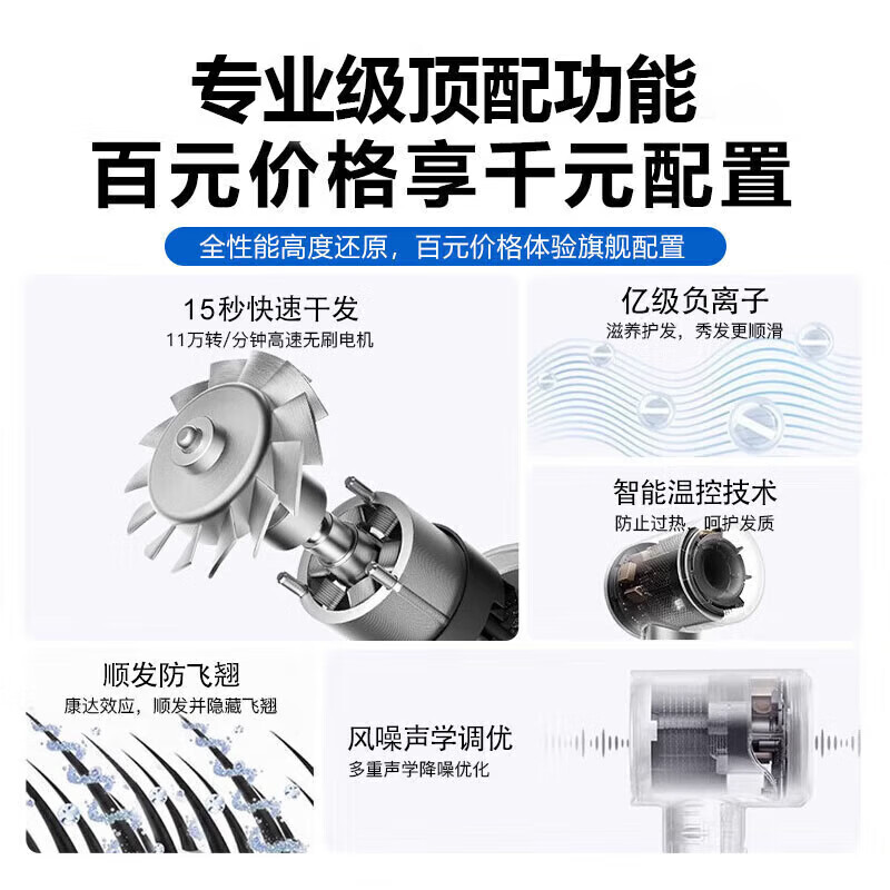 戴森德乐家用轻音离子大功率不伤发吹风机高速无叶电吹风筒轻音降噪【磁吸版挂架 】精选礼物 玫红色【吸盘磁吸挂架+5风嘴】 丨线长1.7米