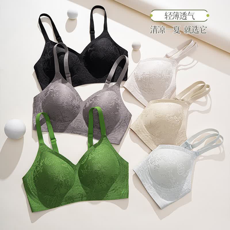草本初色内衣女新中式国风提花浮雕无钢圈小胸聚拢防下垂无痕裸感文胸罩 瓷白 M 建议【95-110斤】