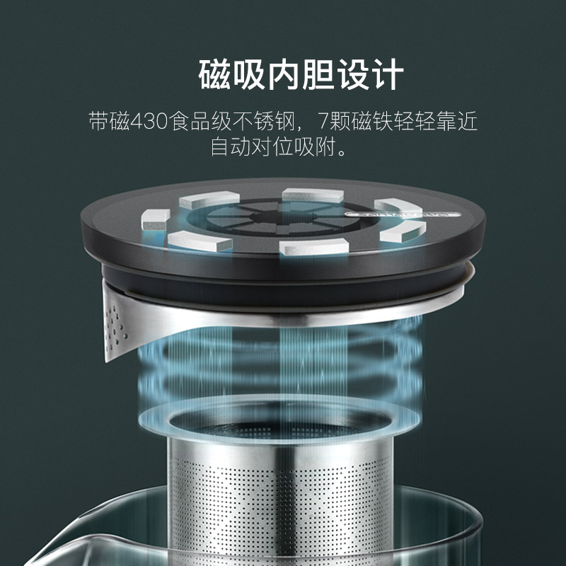 邦田(Bonston)家用泡茶壶耐热过滤玻璃茶壶磁吸盖胆简约水壶大容量单壶茶具 金灰色900ML+6水杯