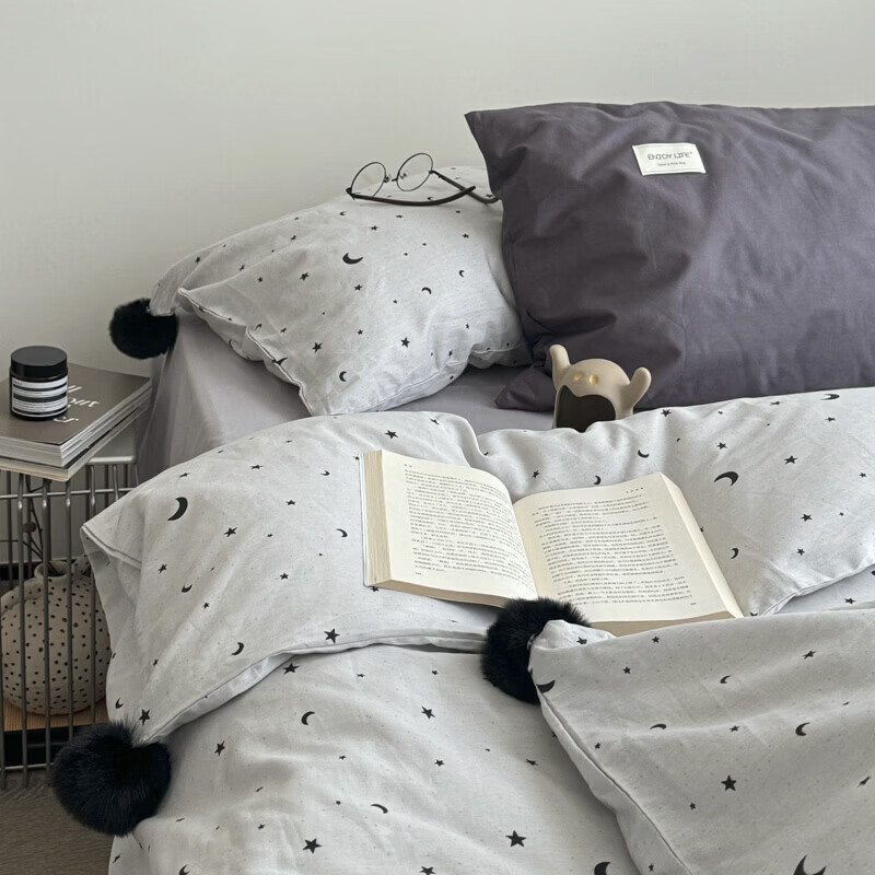 水星家纺四件套纯棉全棉亲肤棉裸睡撞色床单被套床笠款床上用品 星月银灰-混搭款 床笠款 1.8m被套加大四件套