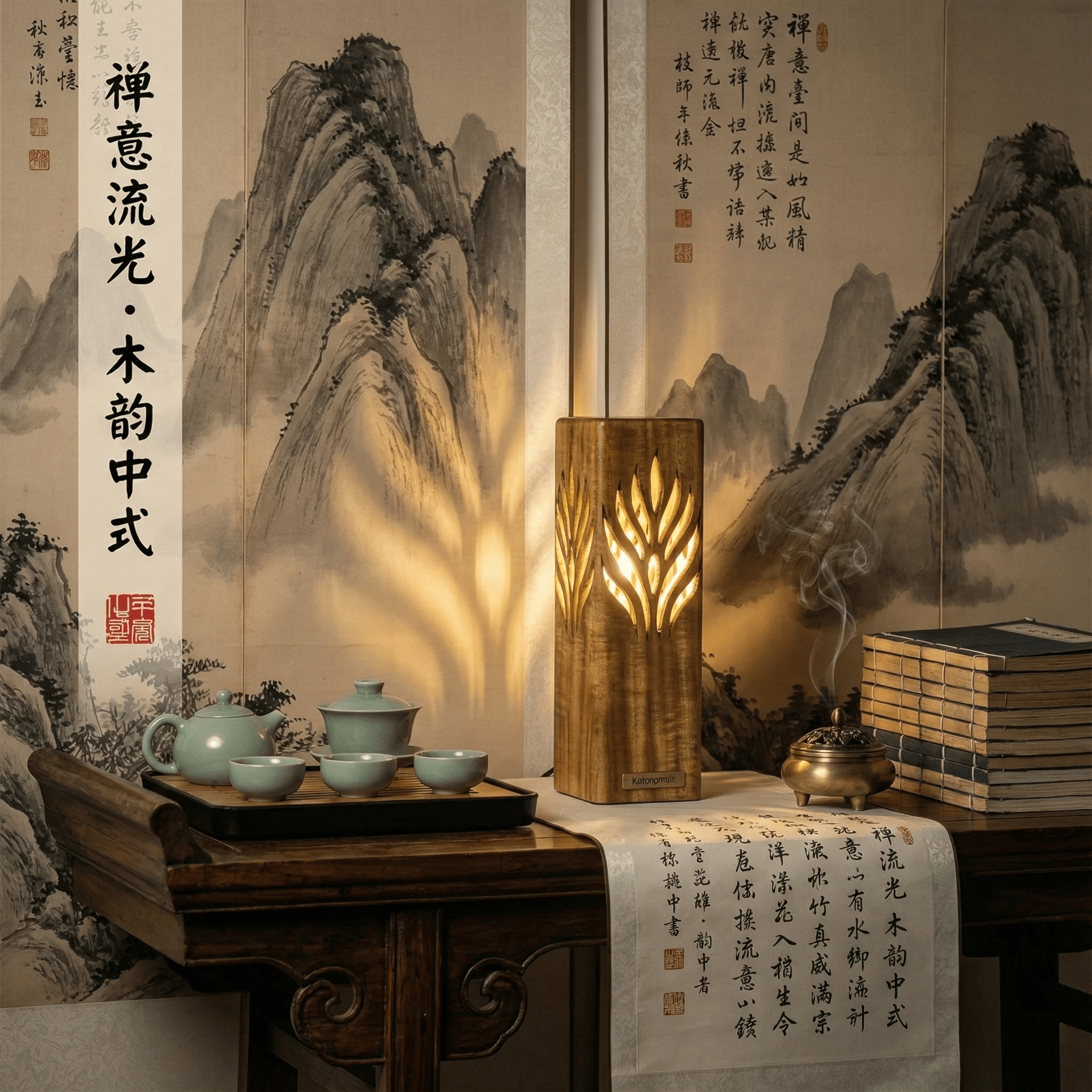 复古欧式自然风金丝楠木雕氛围小夜灯床头台灯 金丝楠木 32*16cm