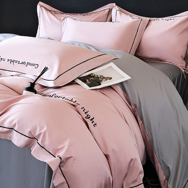 水星家纺床上四件套纯棉高端轻奢A类被套罩长绒棉贡缎床单床笠款床品 奶茶+浅灰 1.8m 床笠款 被套加大四件套 【被套220x240cm】