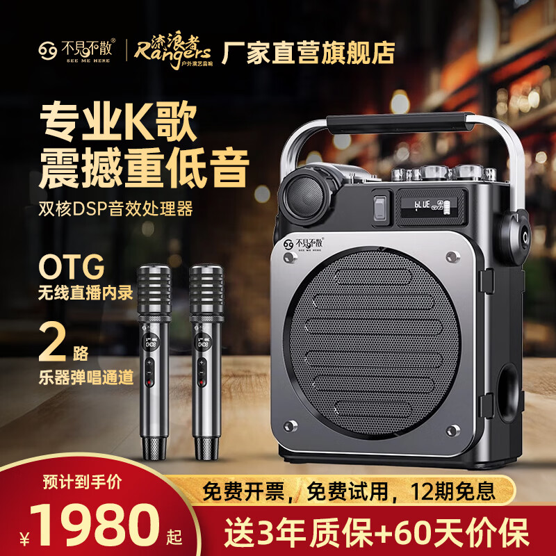 不见不散流浪者D6户外K歌音响客厅环绕声重低音炮手提便携式麦克风一体家庭KTV广场舞蓝牙音箱高音质大音量 【D6黑色-双麦版】支持无线直播与内录+送U盘32G