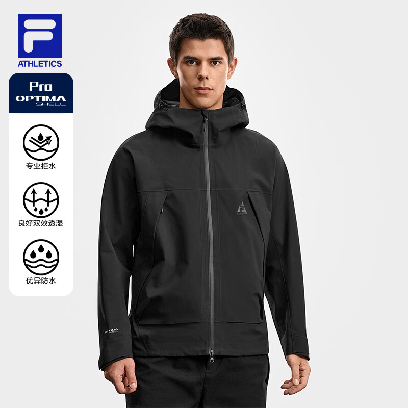 FILA 斐乐官方男士冲锋衣2026春季新款户外运动舒适拼色连帽外套 深黑-BK M 170/92A/M