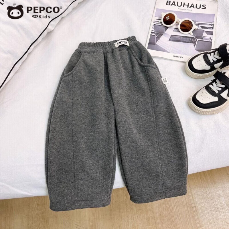 小猪班纳（PEPCO）冬季儿童裤子2025秋季新款韩版男童纯色宽松休闲裤宝宝洋气阔腿裤 糯米绒弯刀裤 90 cm