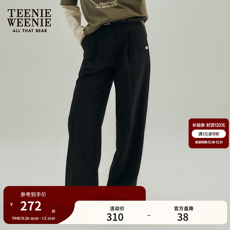 Teenie Weenie小熊秋季简约通勤捏褶直筒裤长裤休闲裤宽松时尚女装 黑色 L (170)
